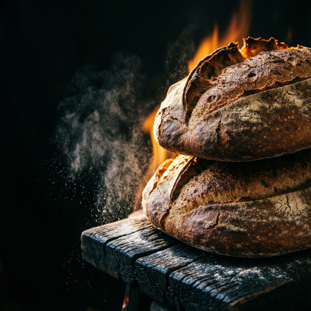 Sauerteigbrote am Feuer, links tiefe Dunkelheit