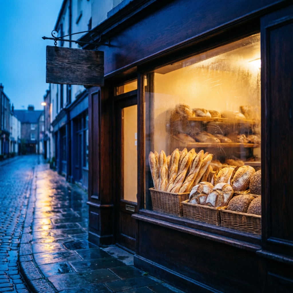 Bäckerei-Ladenfront im Morgenlicht der blauen Stunde