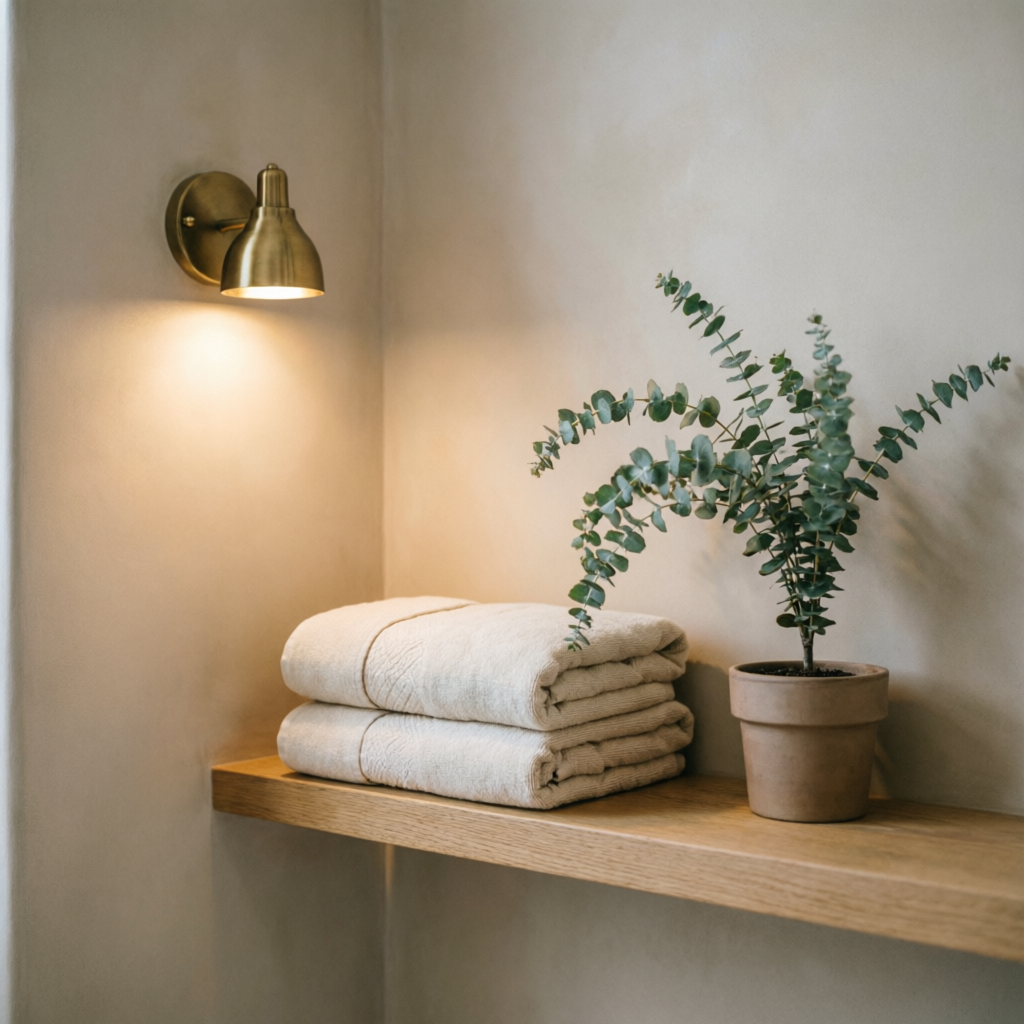 Fresh towels and warm brass lighting at Elora DayNight Wellness Spa, massage spa in Dadar East