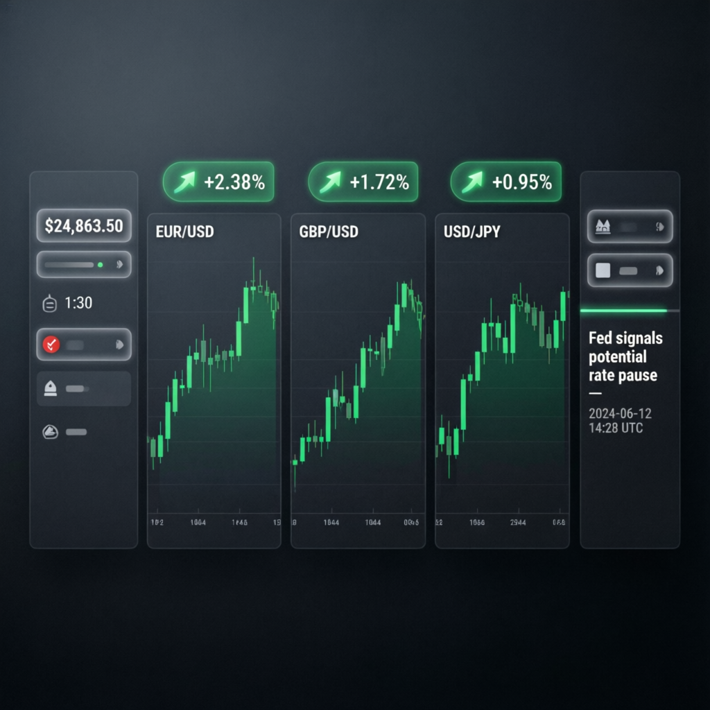 Professional forex trading dashboard showing multiple currency pairs with green profit indicators - PFM Capitals CTI Funded Account Strategy