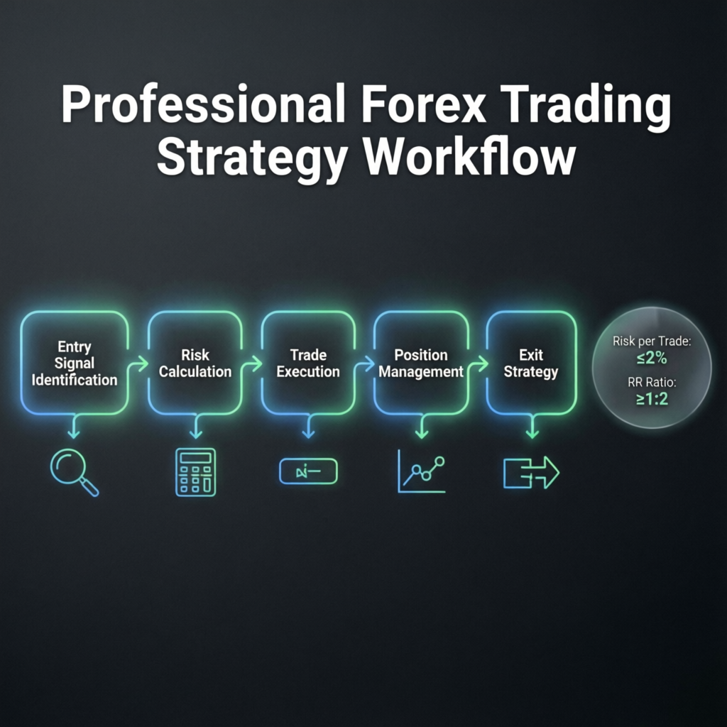 Professional forex trading strategy workflow diagram showing entry signal identification, risk calculation, trade execution, position management, and exit strategy steps