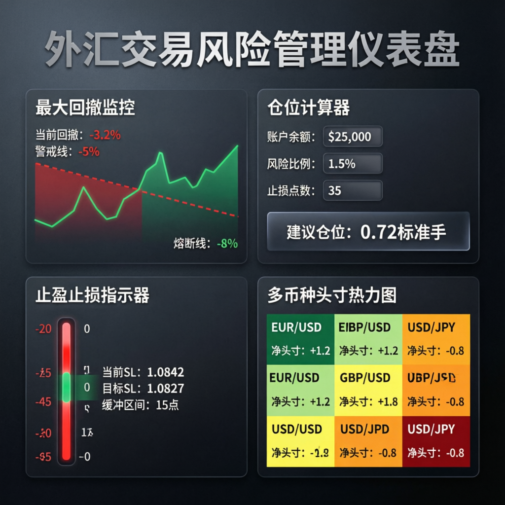 Risk management dashboard for forex trading showing drawdown limits, position sizing calculator, stop loss indicators, and multi-currency exposure heatmap