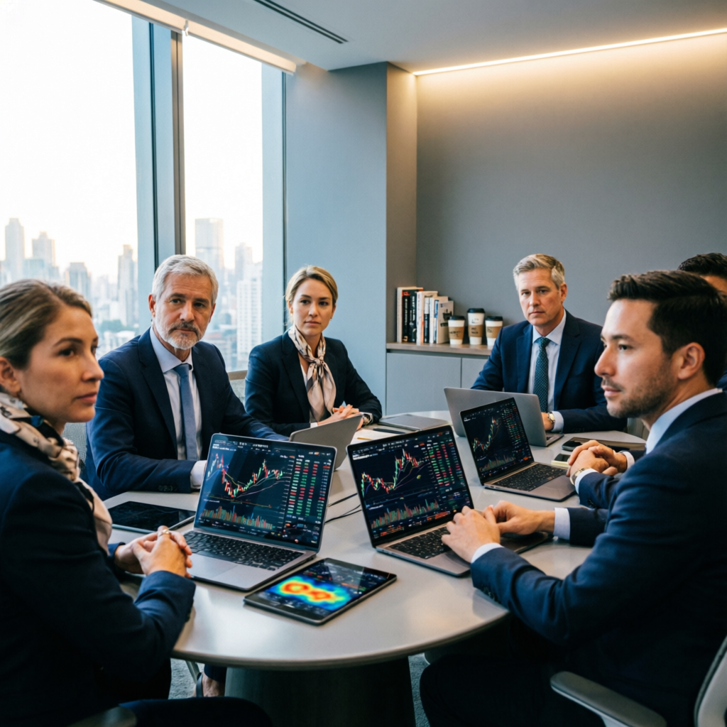 Professional financial team of experienced forex traders and analysts collaborating on trading strategies in modern corporate office