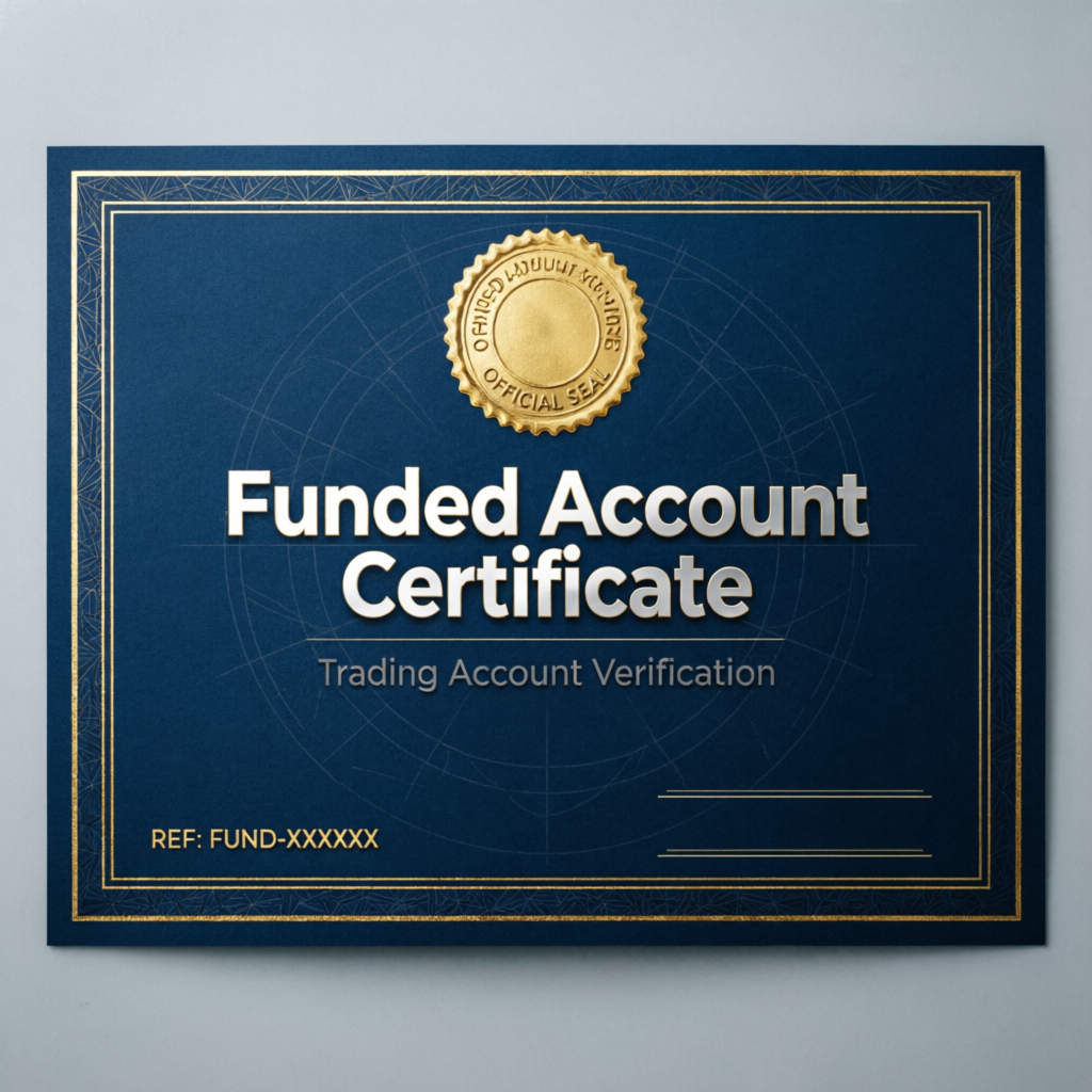 Official funded account certificate with gold seal showing trading account verification for prop firm challenge completion