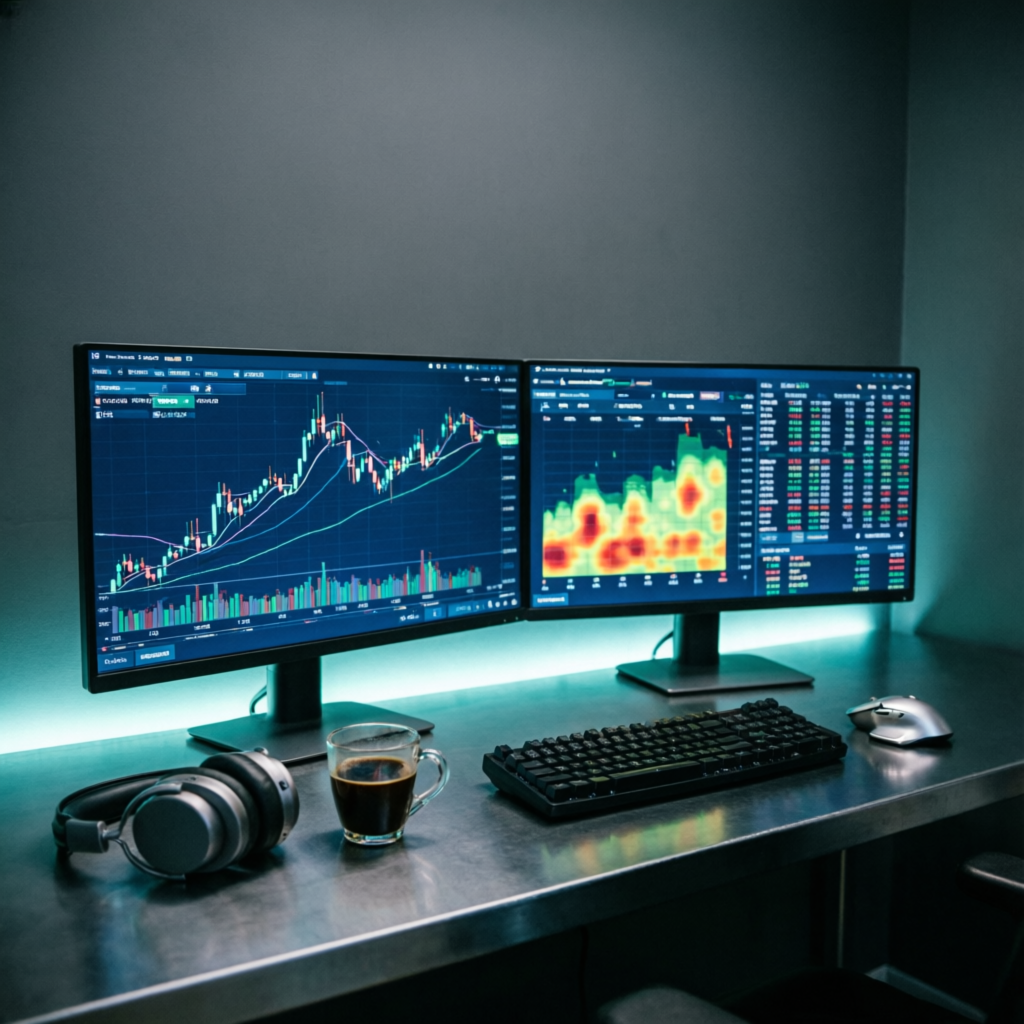 Modern multi-monitor professional forex trading setup in dark room with charts and data analysis