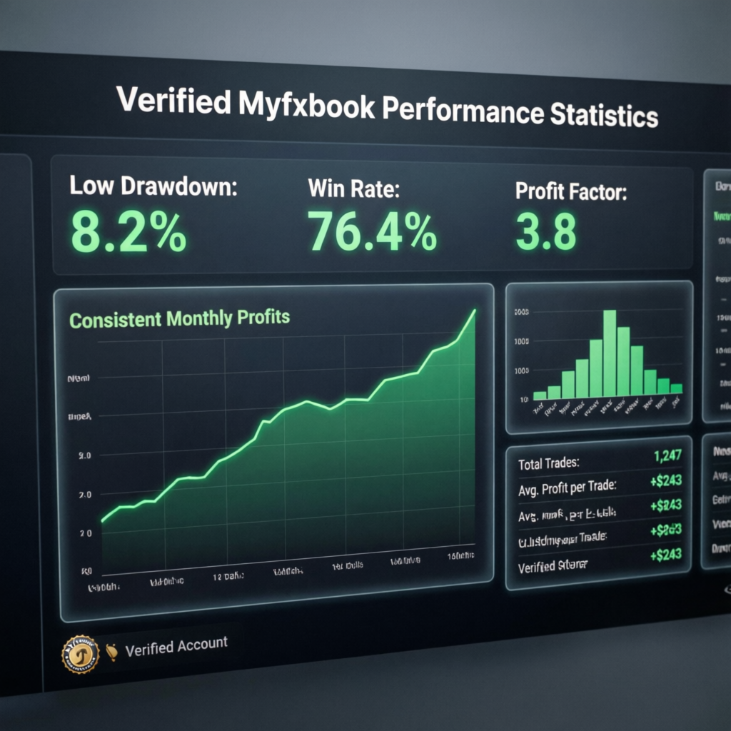 Verified Myfxbook performance statistics showing low drawdown of 8.2%, win rate of 76.4%, and profit factor of 3.8 with consistent monthly profits chart