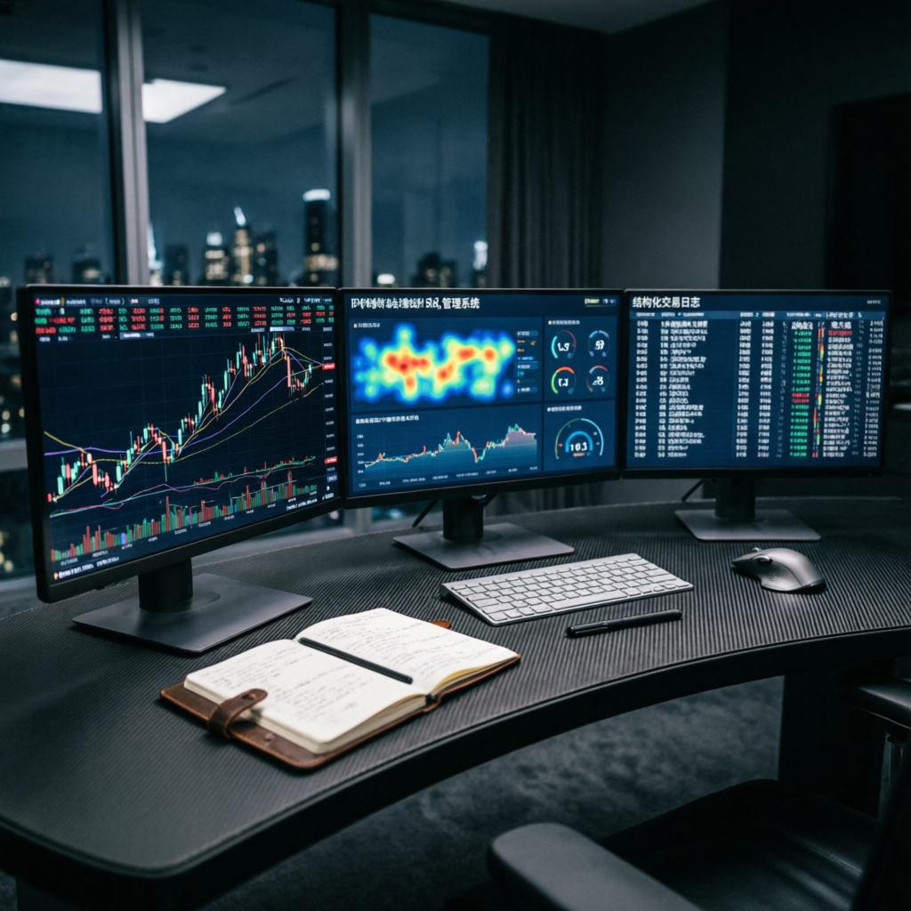 Professional trading desk with multiple monitors and risk management tools