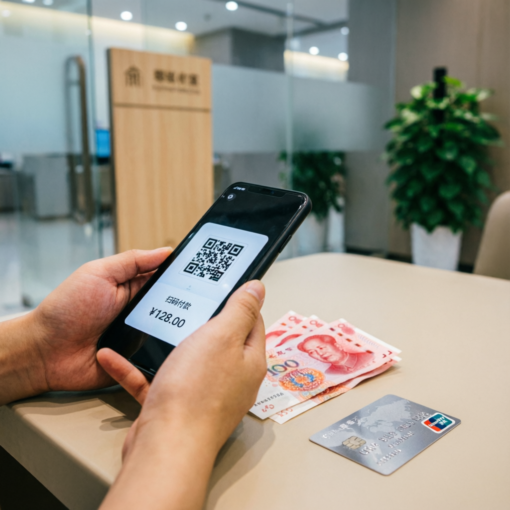 Smartphone with QR payment, yuan banknotes and a bank card
