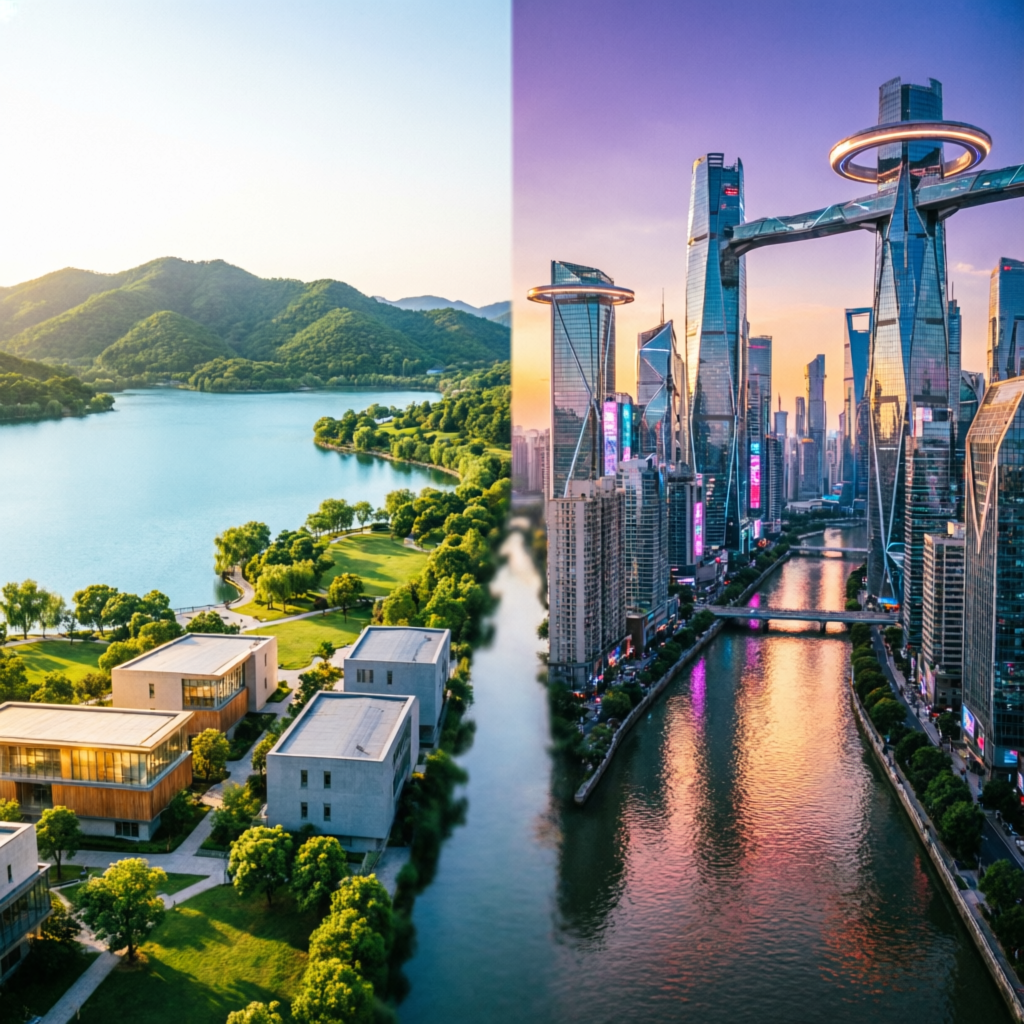 Calm lakeside city versus dense futuristic skyline