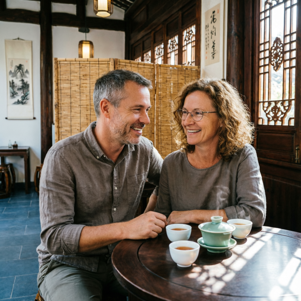 Alexey with his wife in a Kunming tea house