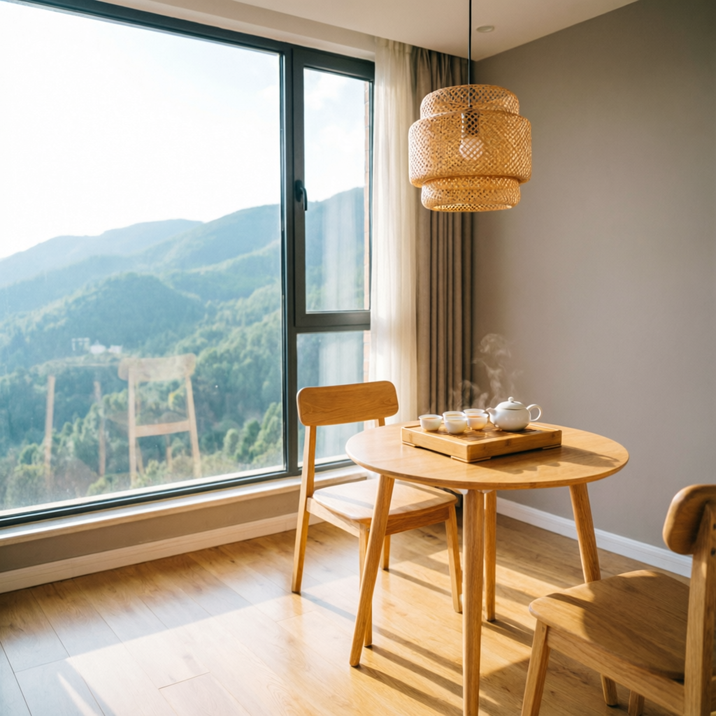 Bright apartment interior in Kunming with mountain view