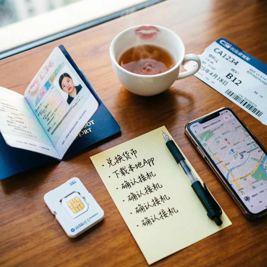 Passport, SIM card, phone map and checklist on a table