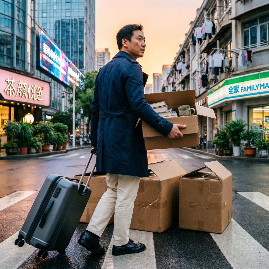 Newcomer with suitcase and boxes on a Chinese street