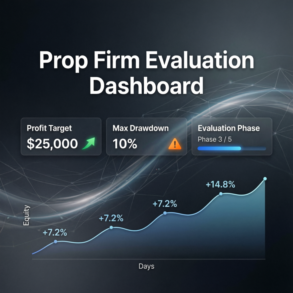 Prop Firm Evaluation Dashboard showing metrics