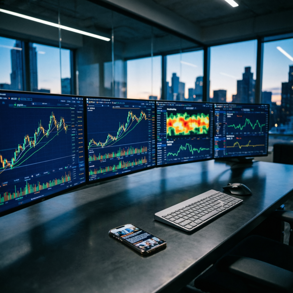 Professional forex trading desk with multiple monitors