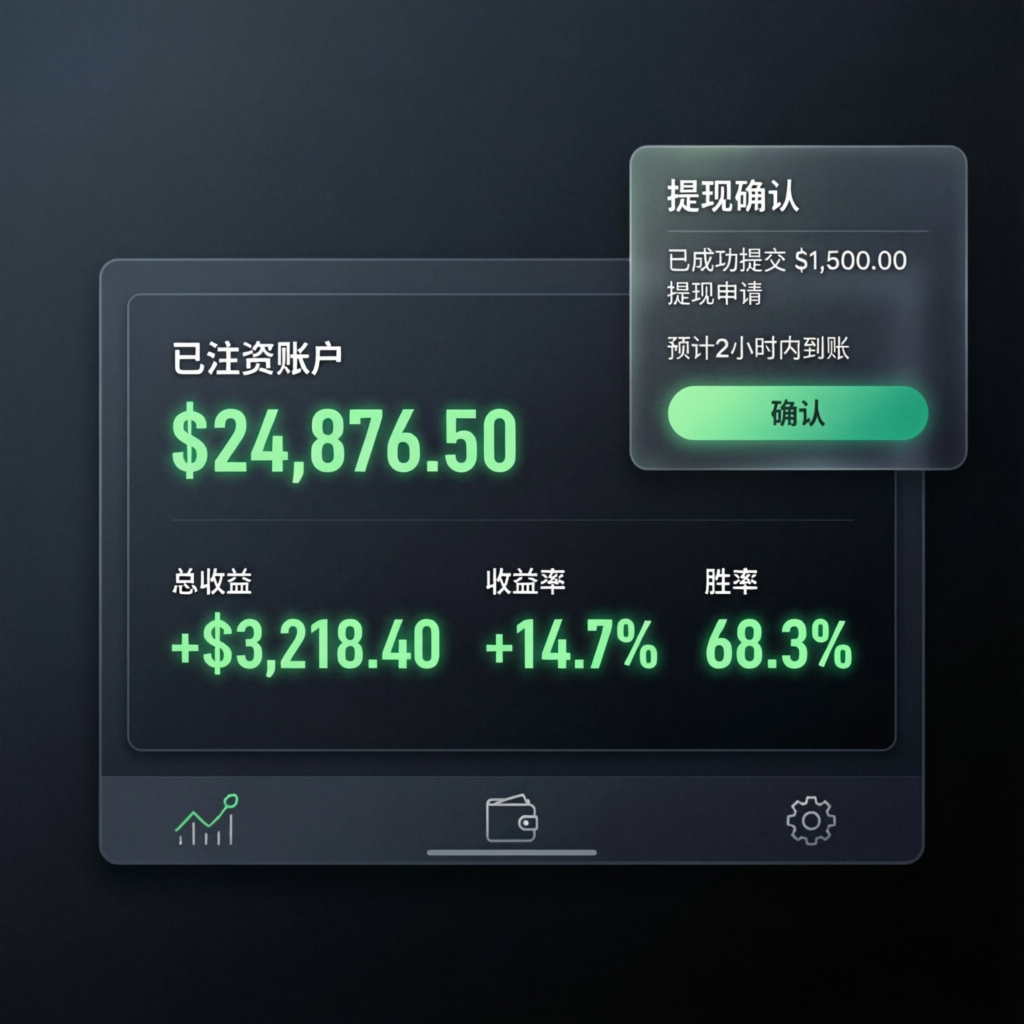 Prop firm funded account dashboard showing payout confirmation and profit metrics