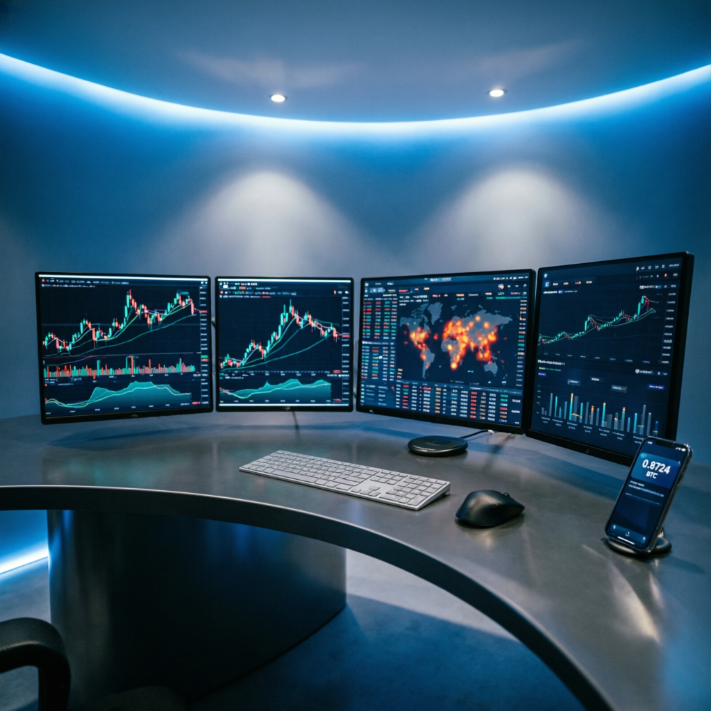 Professional crypto trading desk setup for prop funded traders
