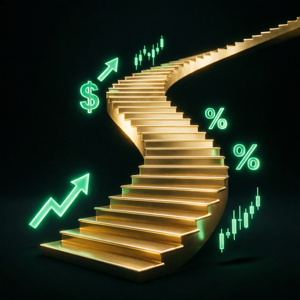 Golden staircase representing financial growth and scaling opportunities in prop firm trading