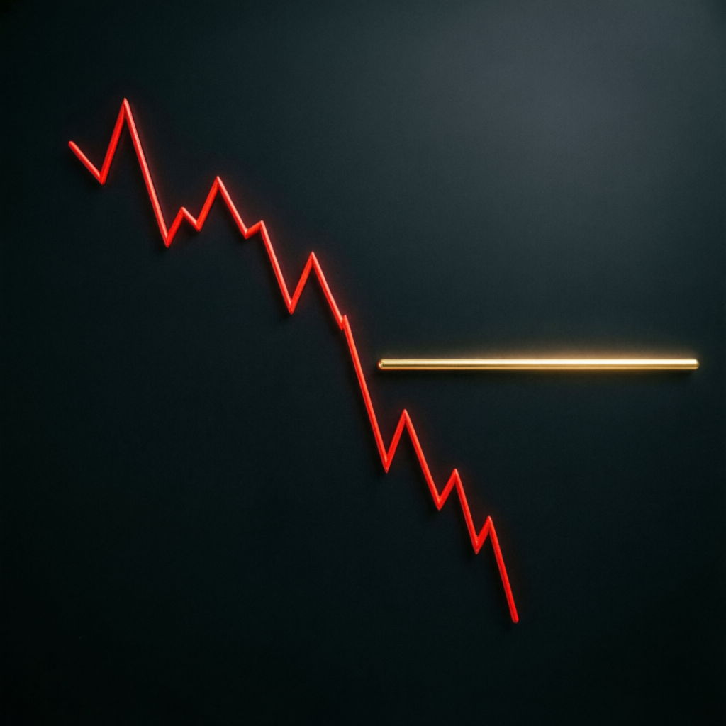 Visual representation of trailing drawdown threshold with red declining price line and golden threshold level