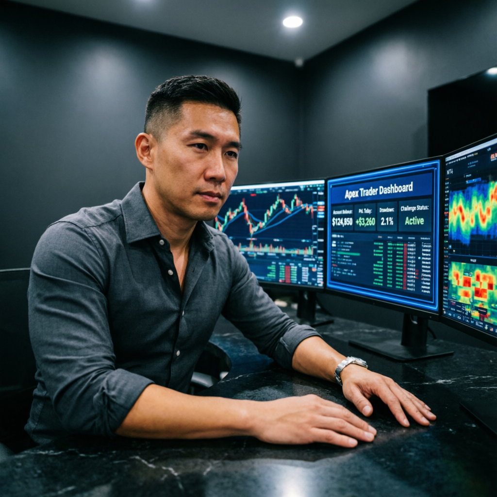 Professional trader analyzing Apex Trader Dashboard with multiple screens showing account balance and drawdown