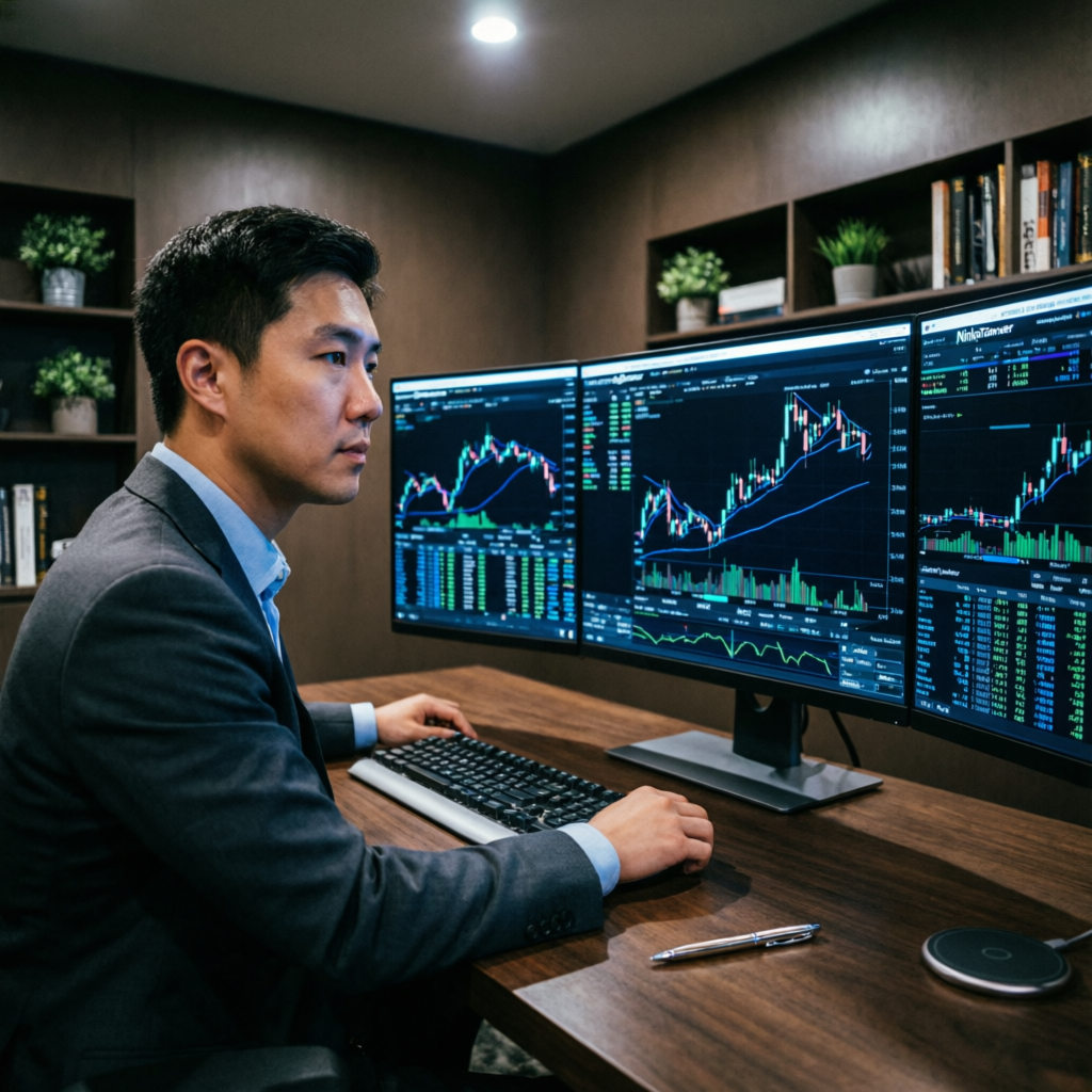 Professional trader using NinjaTrader platform with multiple monitors showing futures charts