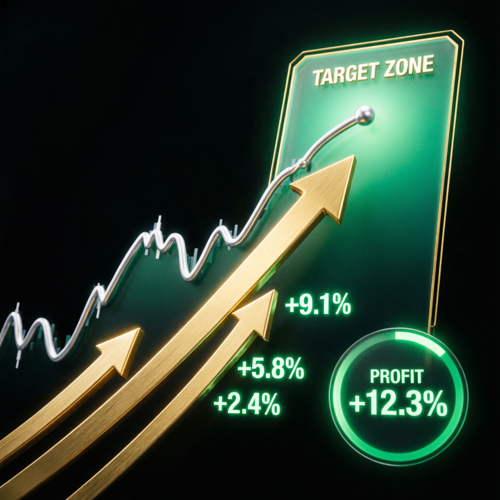 Trading profit target visualization with ascending golden arrows reaching target zone