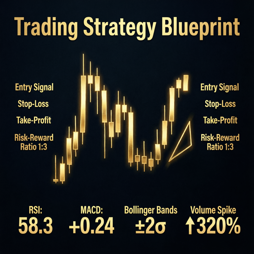 Trading strategy blueprint with candlestick patterns and technical indicators