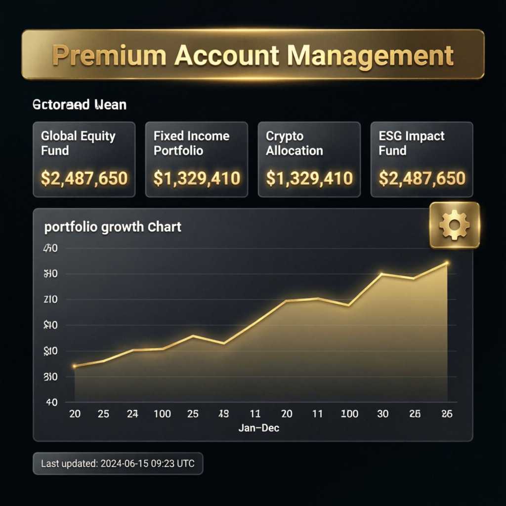 Premium account management dashboard showing portfolio growth and funded account performance