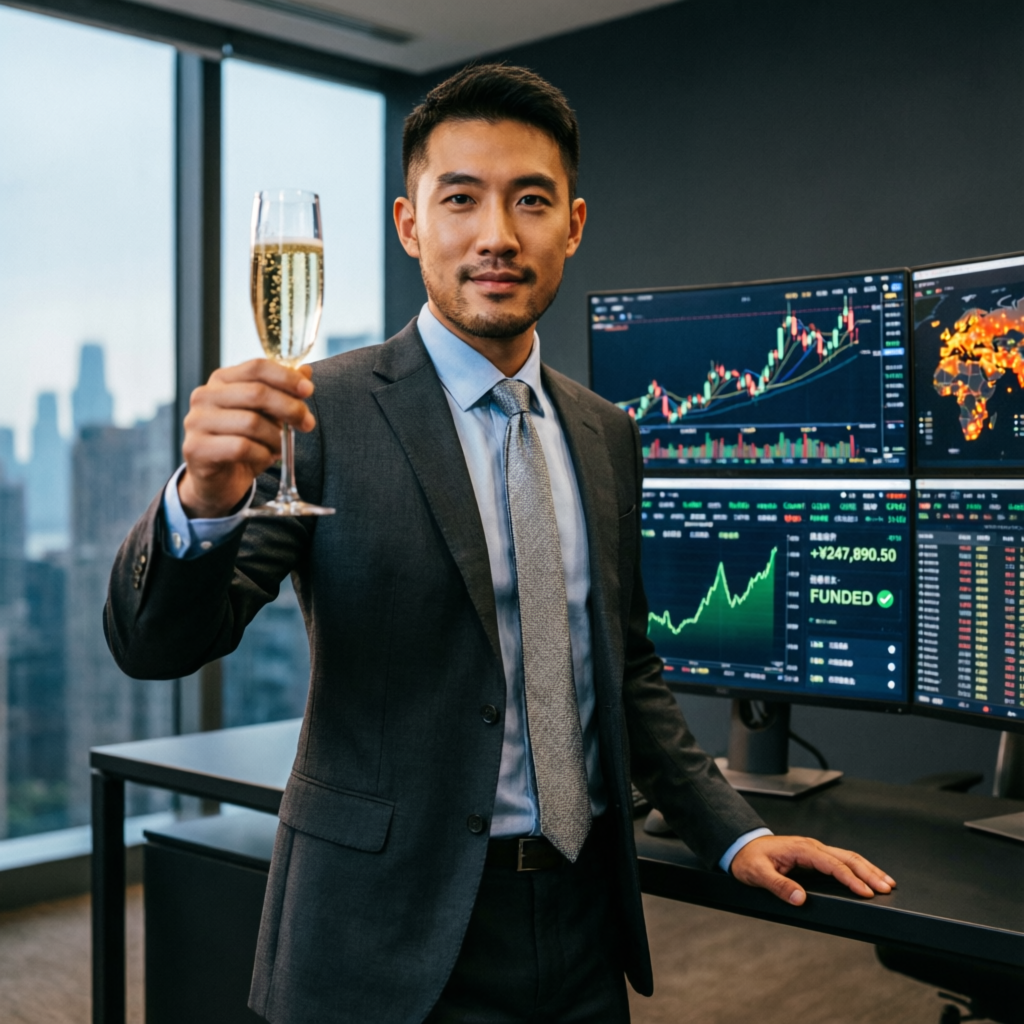 Successful funded trader celebrating with champagne in front of trading screens showing profits