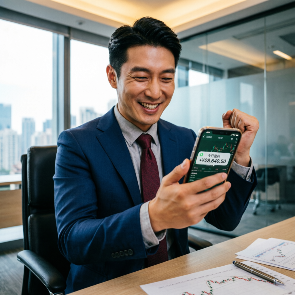 Successful Trader Celebrating Profit Notification on Smartphone