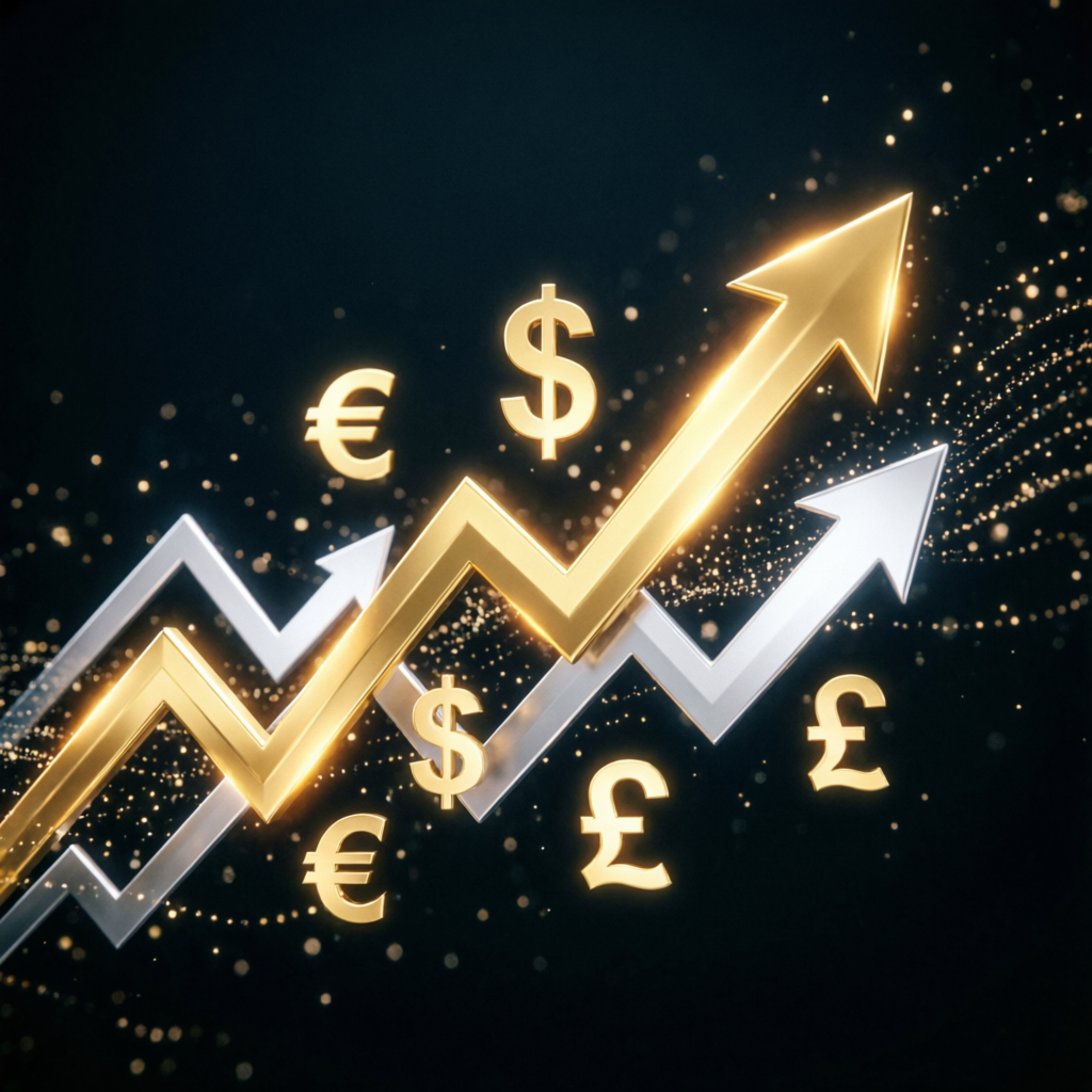 Financial Growth Visualization with Currency Symbols and Upward Trending Arrows