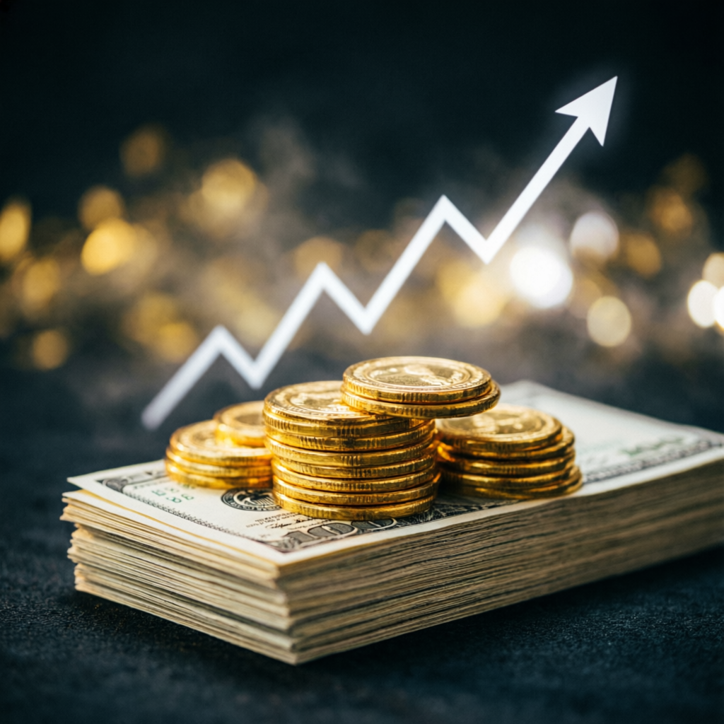 Financial Profit Growth with Gold Coins and Upward Trending Chart