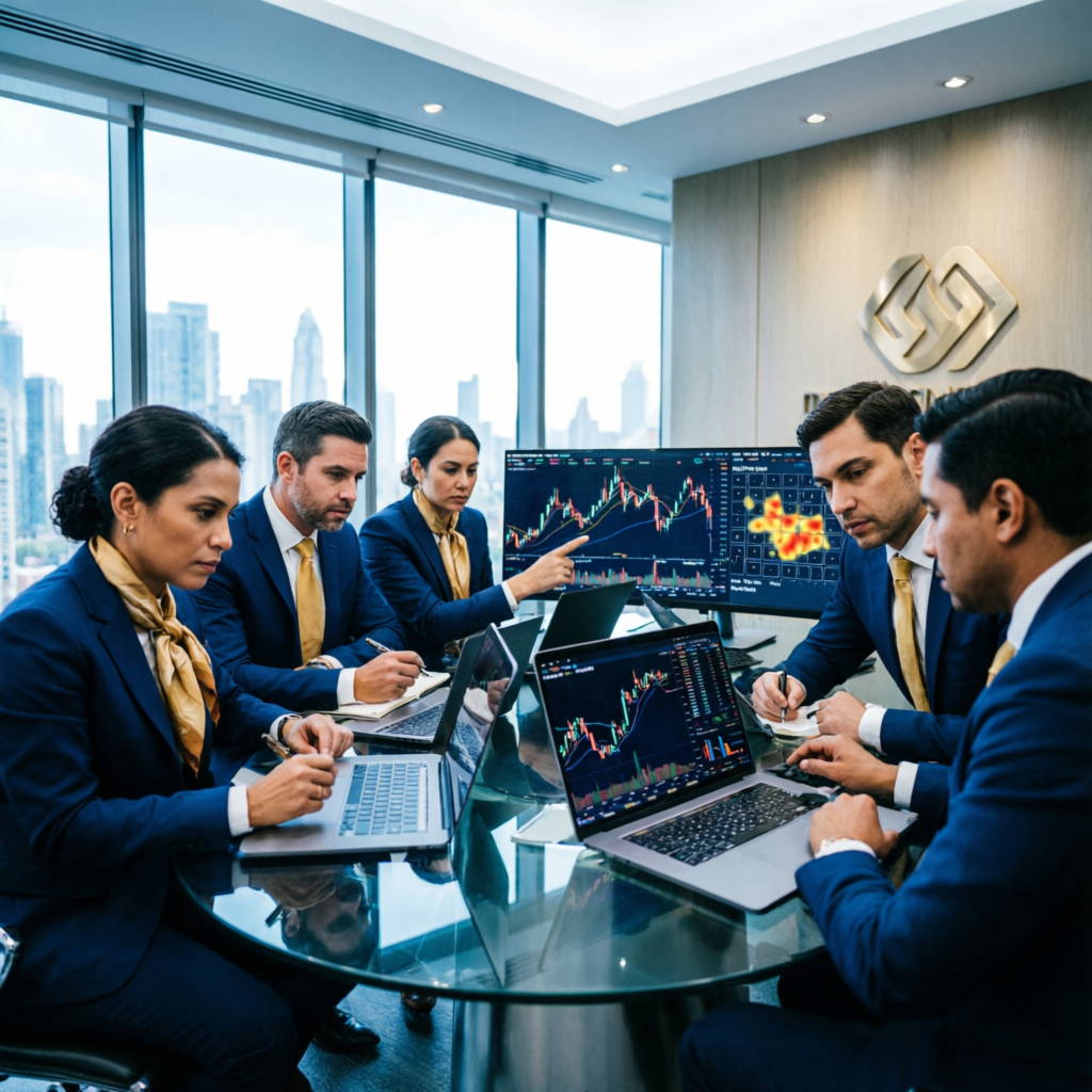 Professional Trading Team Analyzing Forex Markets in Modern Office