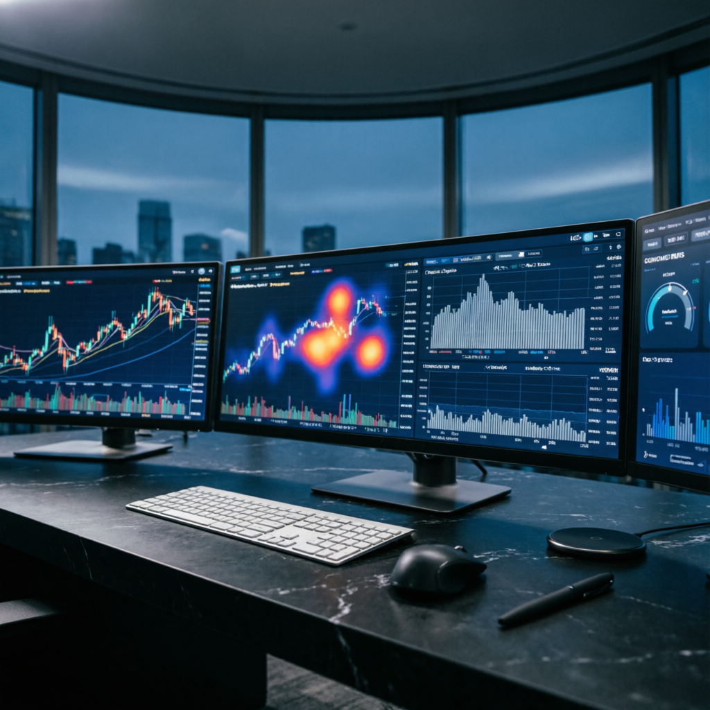 Professional trading desk with forex charts