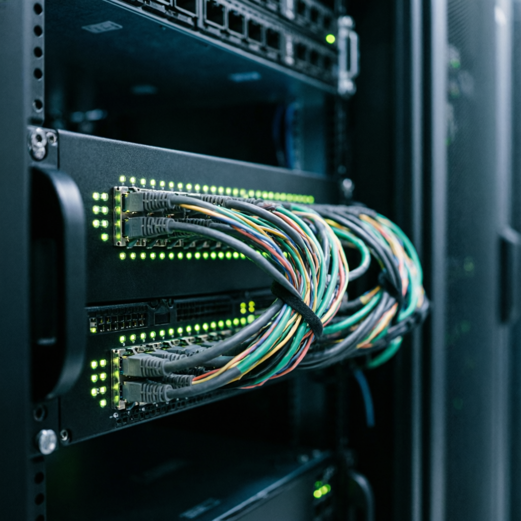 Detalle de rack de servidores con cables de red