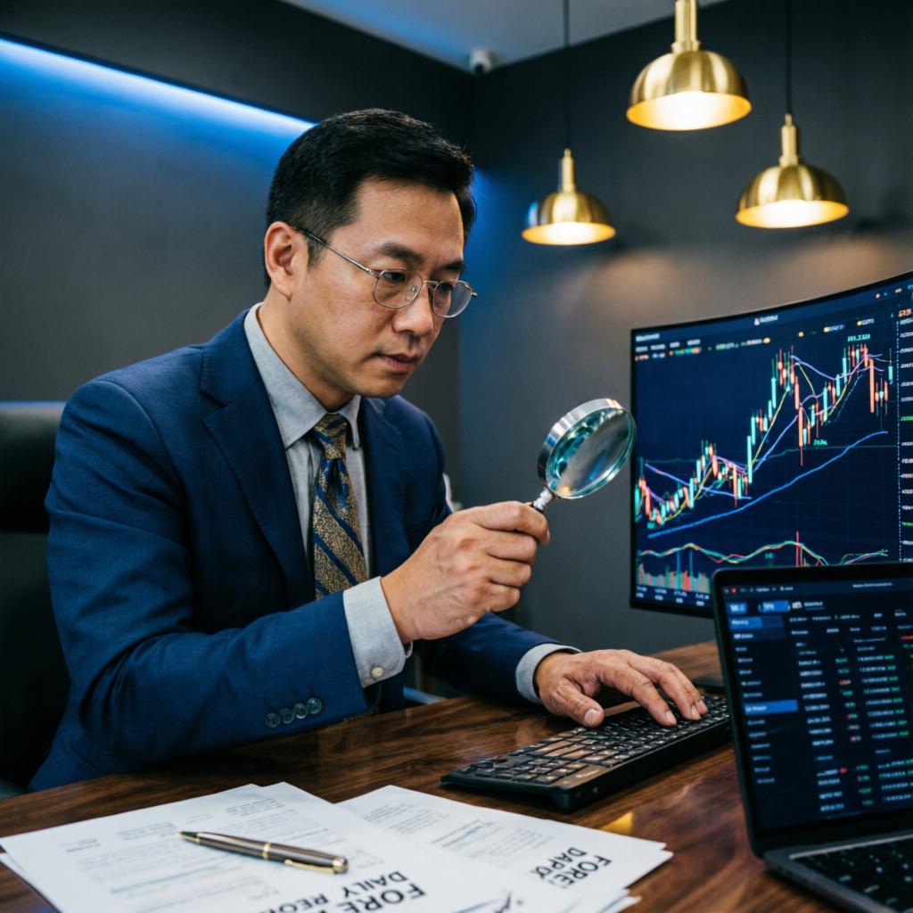 Professional analyst reviewing forex trading strategy with magnifying glass