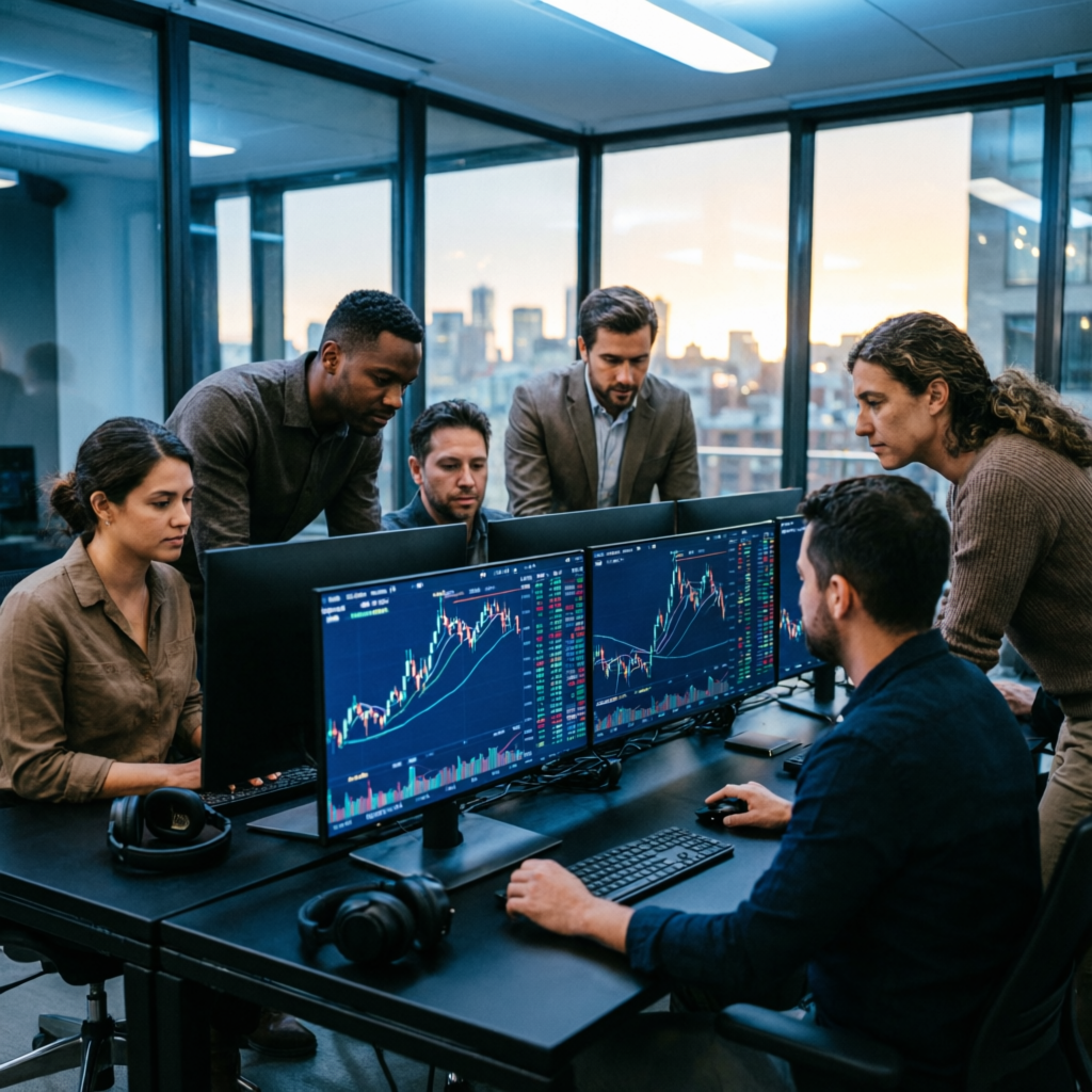 Professional trading team analyzing forex markets for prop firm passing service