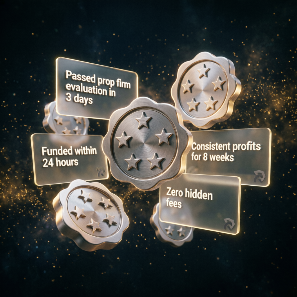 Five-Star Trust Badges and Client Testimonials for Prop Firm Service