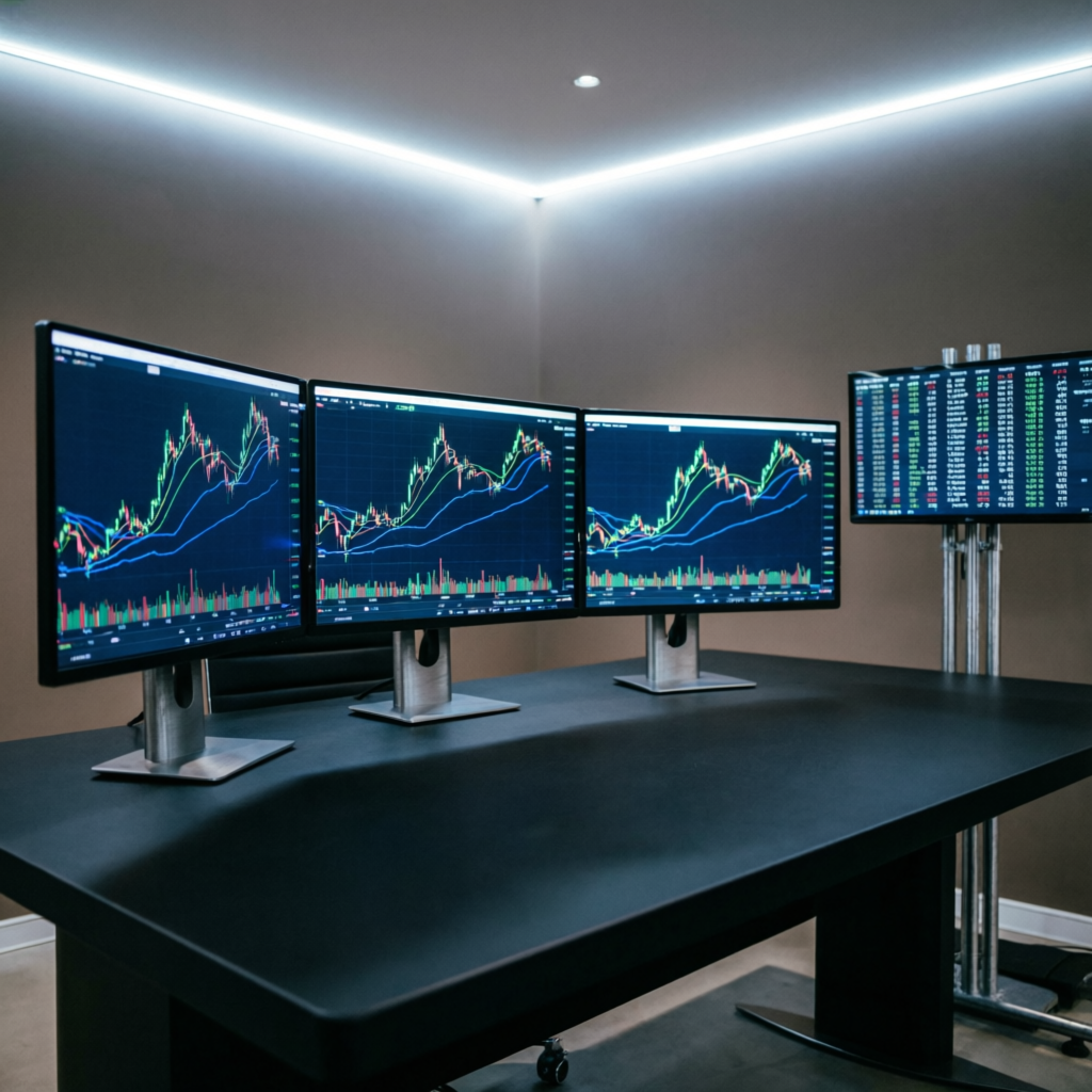 Professional forex trading desk setup with multiple monitors displaying candlestick charts for Funded Elite prop firm trading
