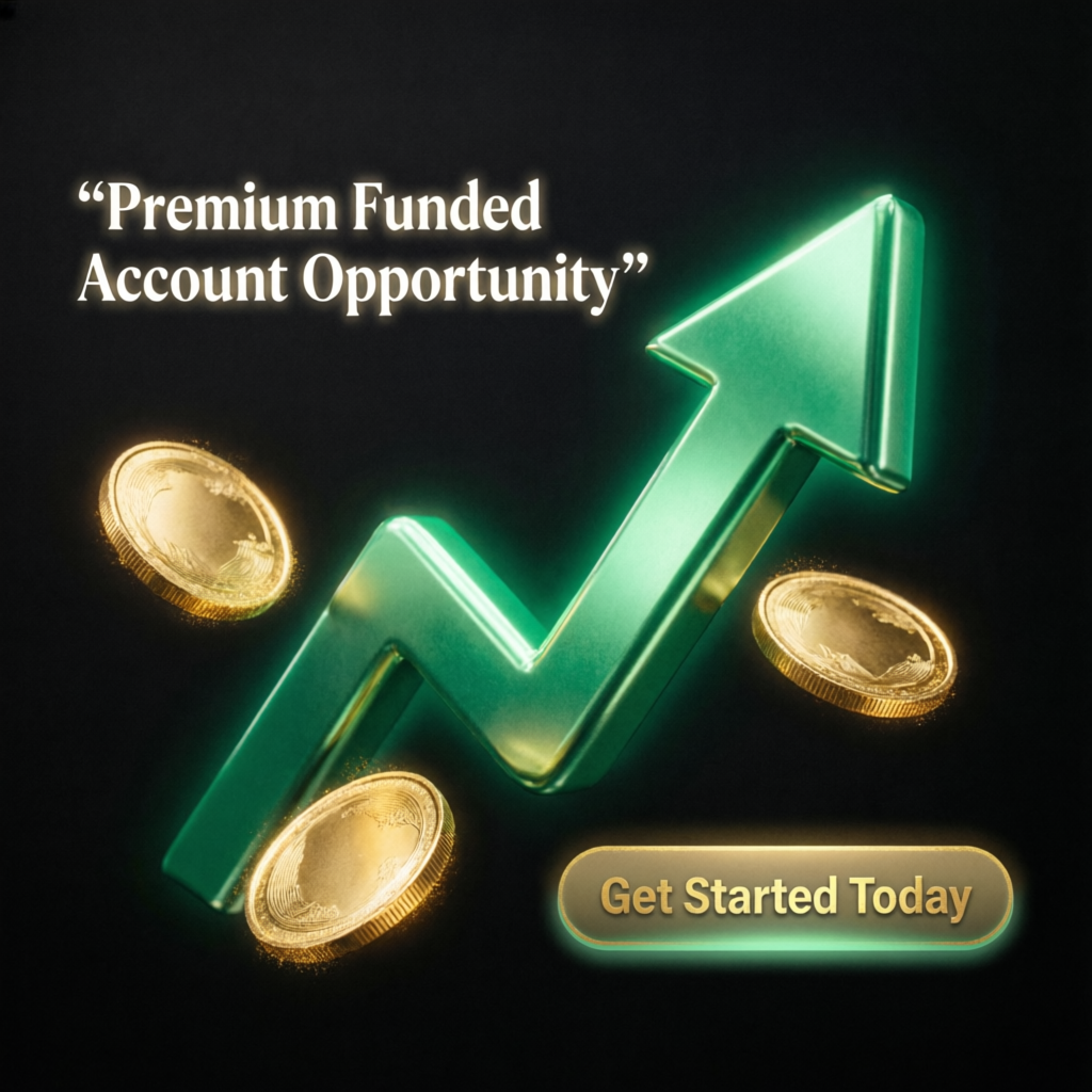 Premium funded account opportunity with upward growth arrow and gold coins