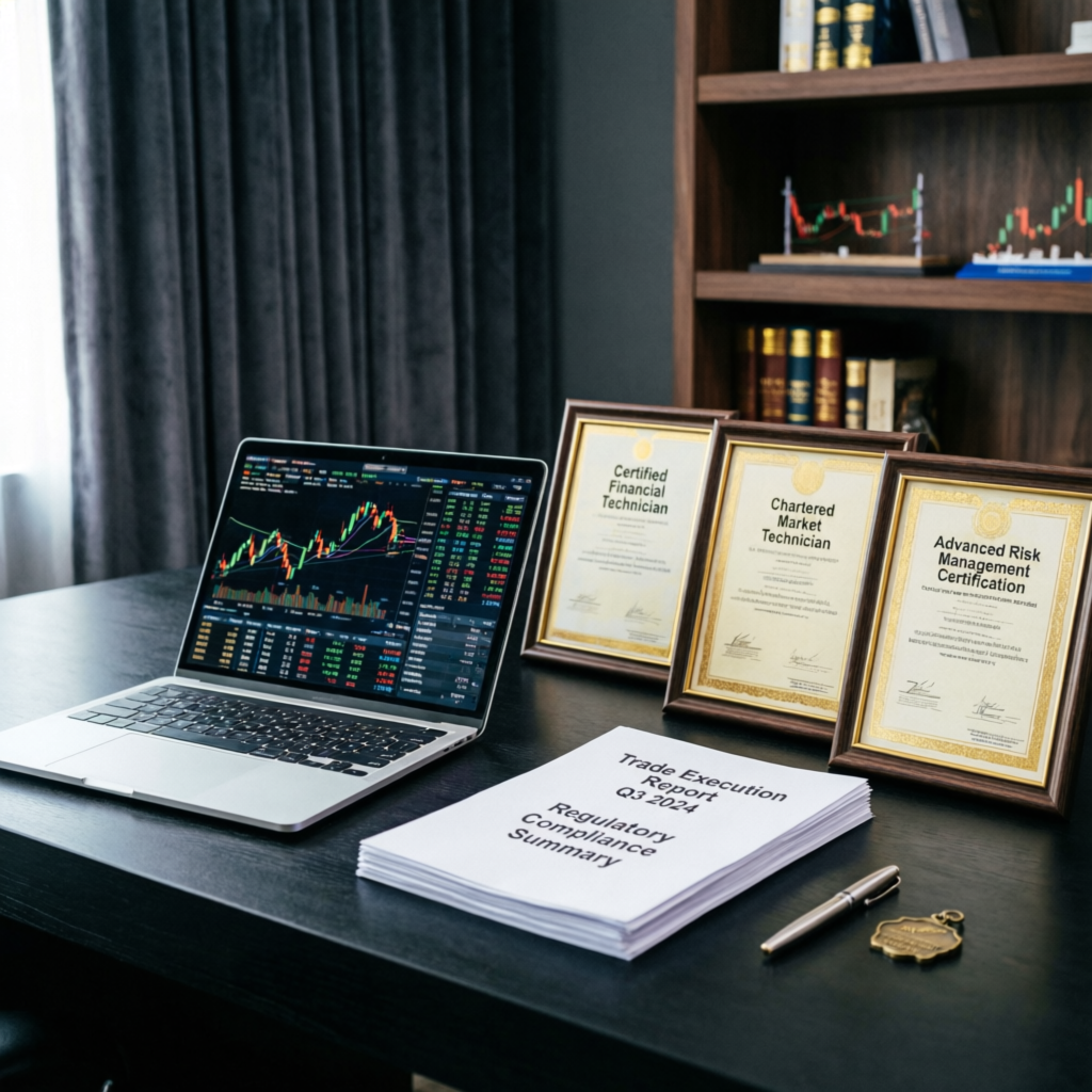 Professional trader workspace with laptop showing forex charts and framed trading certifications