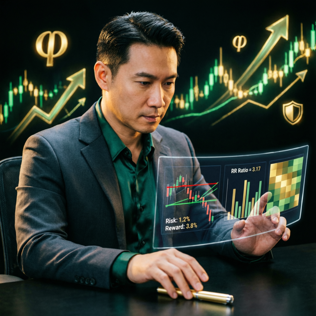 Professional trader analyzing risk management and position sizing on holographic display