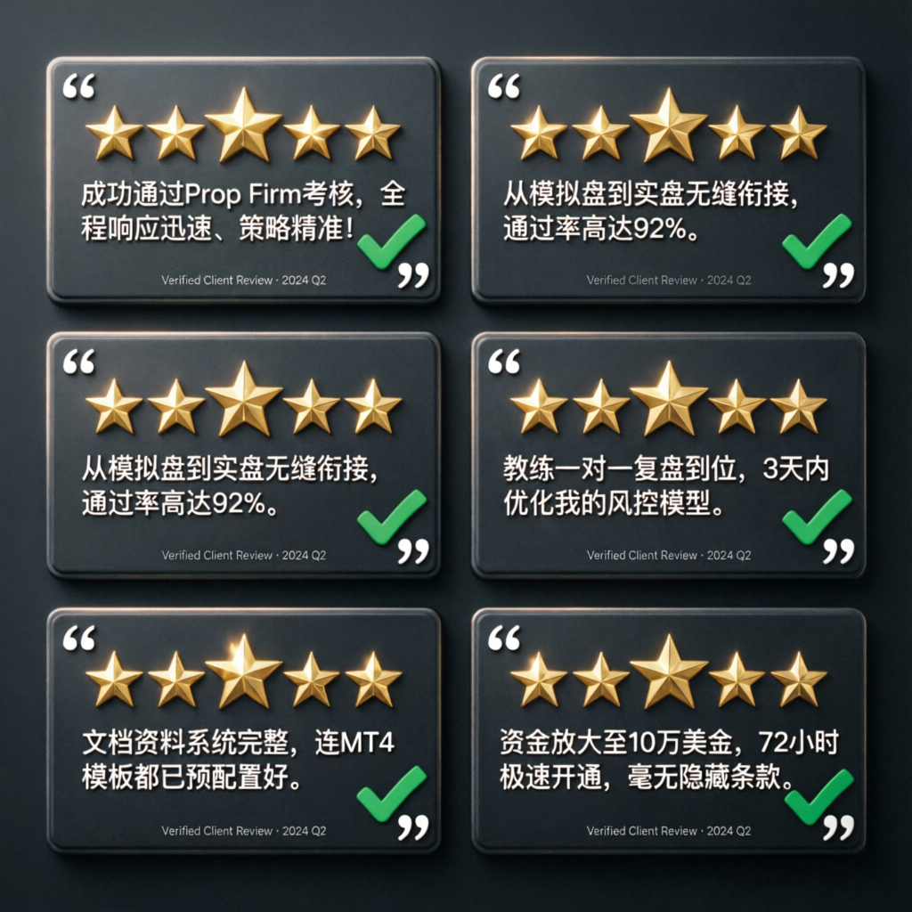 Five-star client reviews and testimonials about prop firm passing service success
