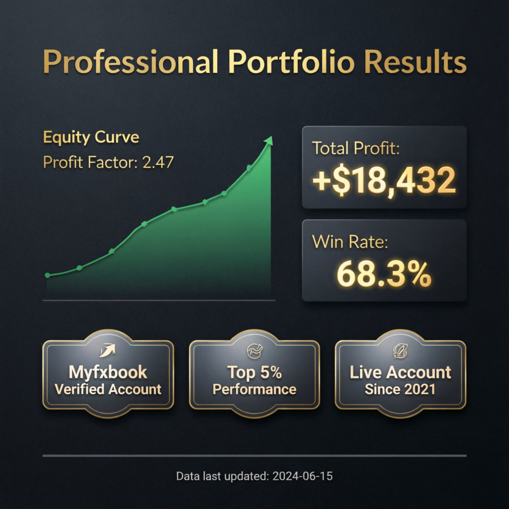 Professional portfolio results showing verified Myfxbook trading statistics and performance metrics