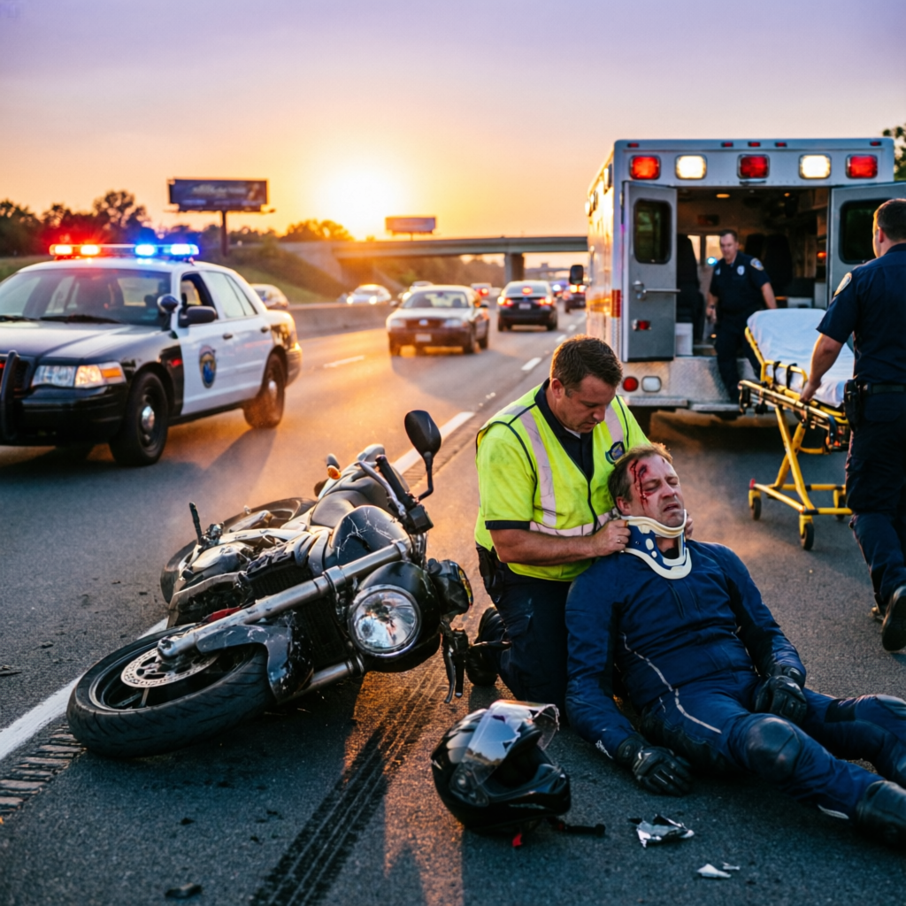 Motorcycle accident scene on US highway