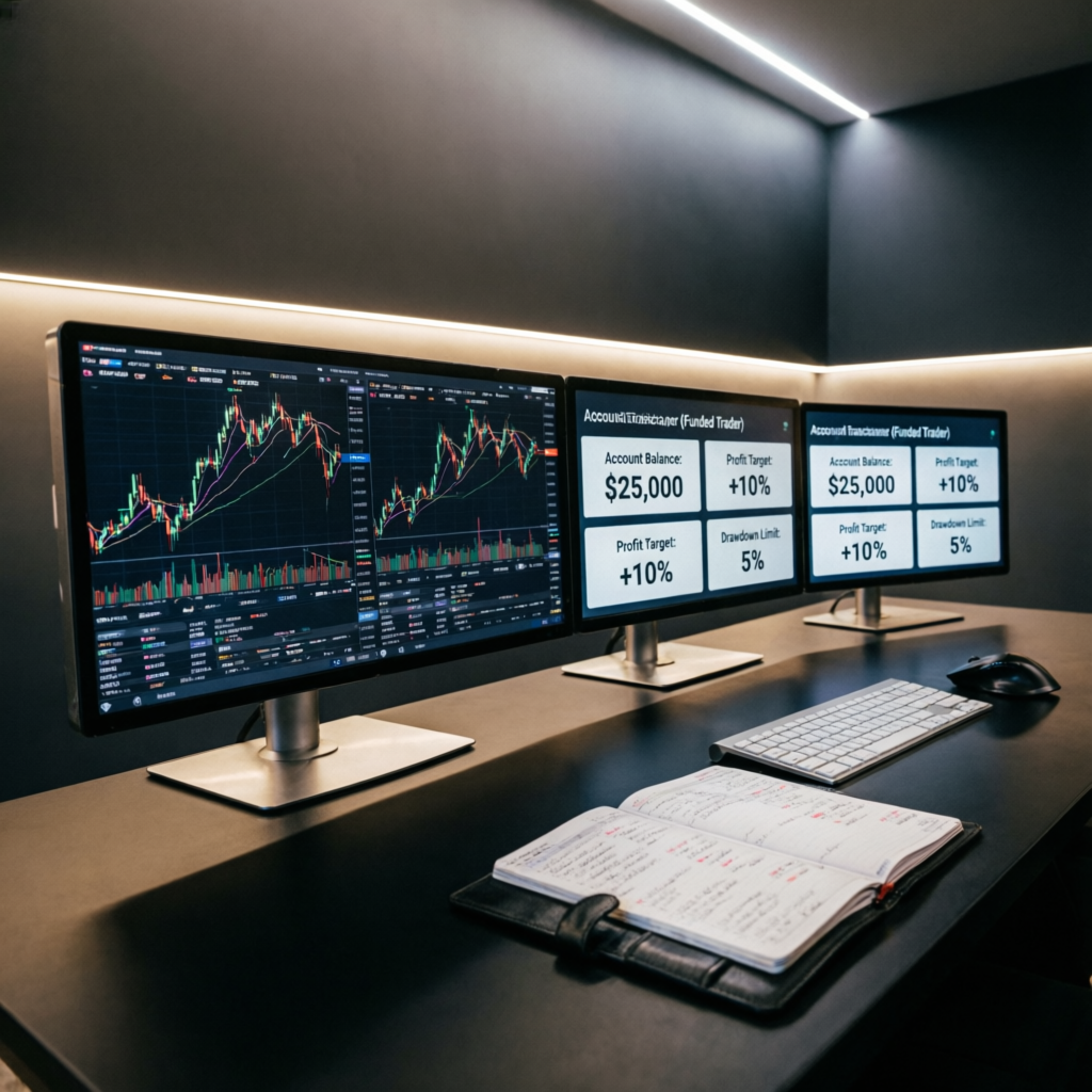 Professional trading desk with multiple monitors showing forex charts and funded trader dashboard