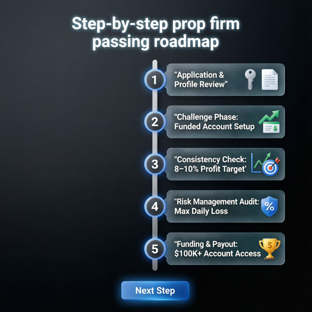 Step-by-step prop firm passing roadmap infographic style