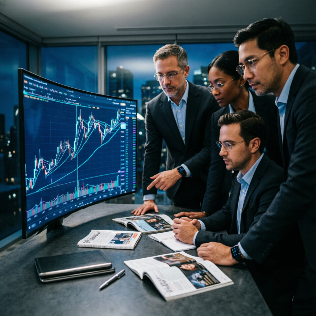 Professional Forex analyst team reviewing charts in a modern dark office