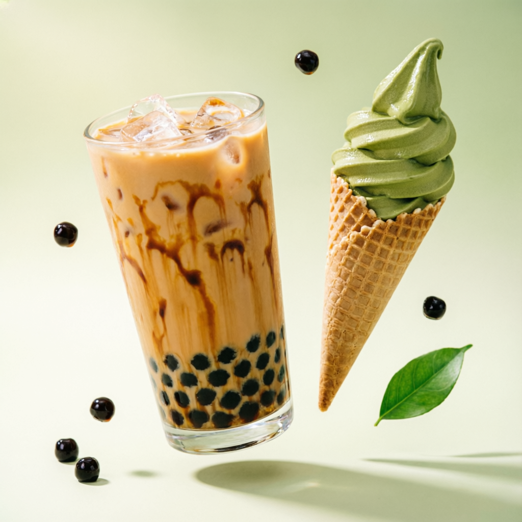 ChaJoy brown sugar boba milk tea and matcha soft serve