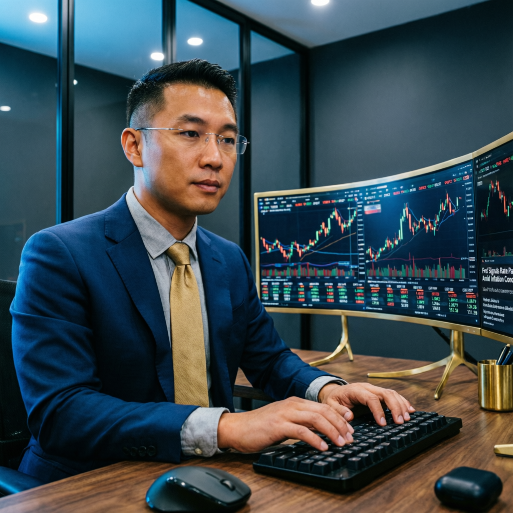 Professional forex trader managing prop firm account with multiple monitors showing live charts